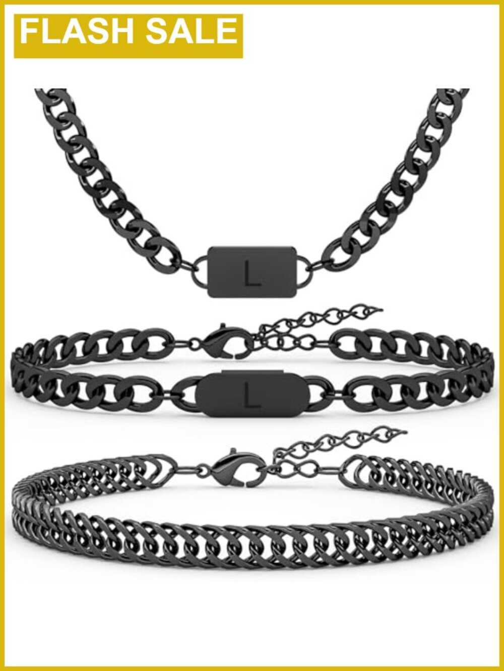 3PC Initial Cuban Link Necklace Bracelet Set Stainless Steel Men Women Jewelry